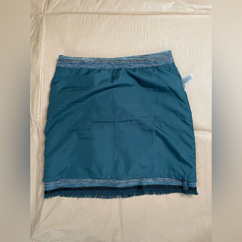 Ann Taylor Loft Womens Tweed Fringe Skirt Size 8 Teal Gray Lined Pockets Zip - Picture 9 of 10